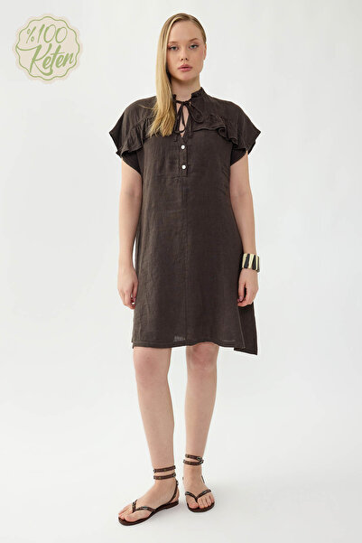 Vitrin 100% Linen Baby Collar Buttoned Short Sleeve Dress