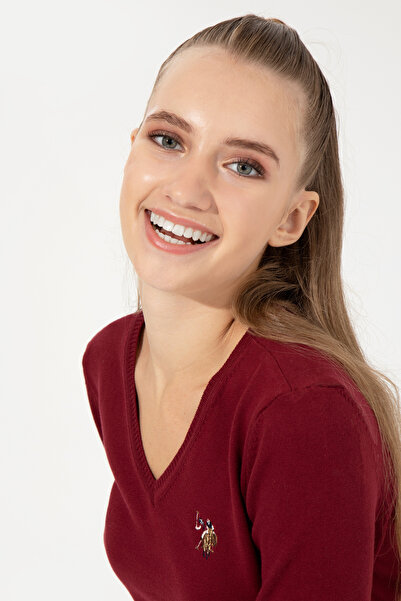 U.S. Polo Assn. Women's Burgundy V-Neck Basic Sweater 50255648-Vr014