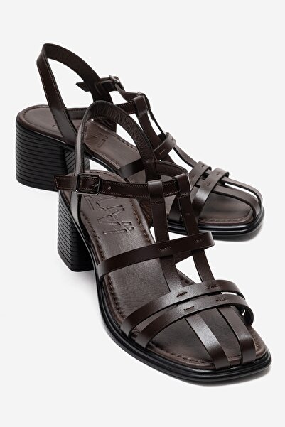 LuviShoes Cielos Brown Genuine Leather Women's Thick Heeled Sandals
