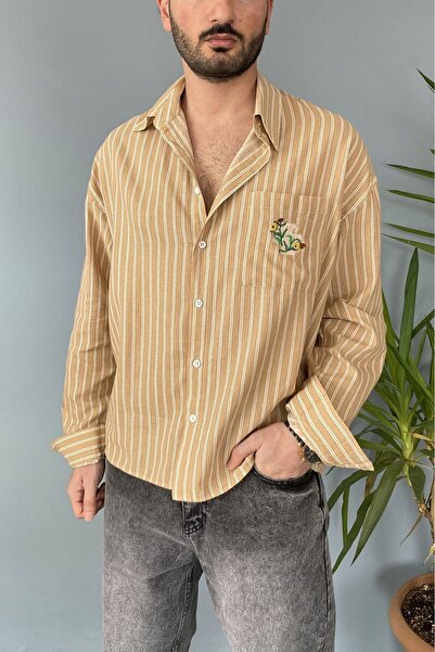 Alışveriş Sokağı Sahara Beige Striped Embroidered Retro Shirt