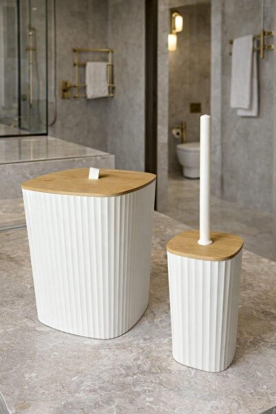 Okyanus Home Sapphire Adhesive Real Bamboo Wc Brush Holder and Trash Can Set ...