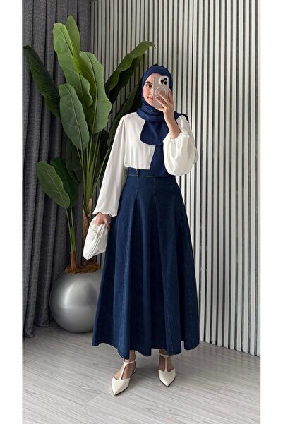 Molly Nelly Kadın Oturtmalı Pileli Tasarım Uzun Kot Etek