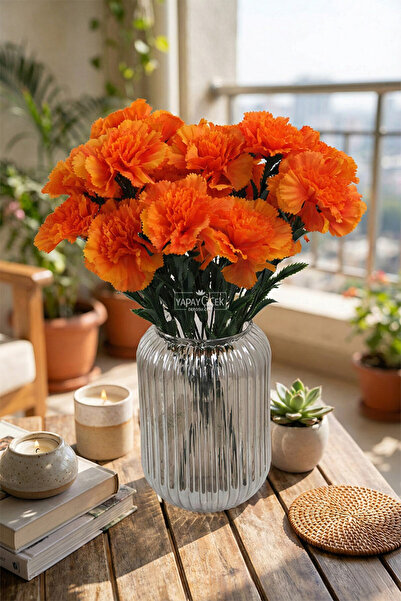 Yapay Çiçek Deposu Artificial Flower 7-Piece Carnation Flower Bunch 40 cm Orange
