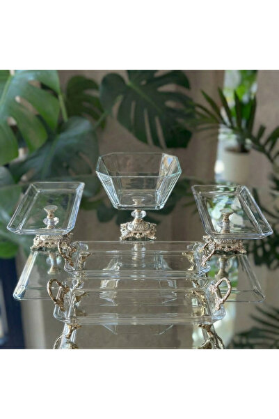 Elta Collection طقم تقديم كريستال فضي عتيق الطراز مكون من 5 قطع - وعاء، طبق ب...