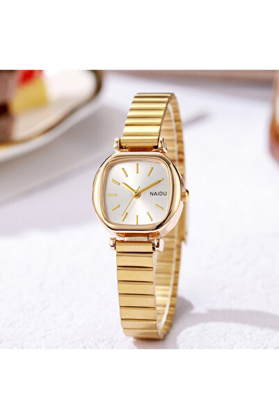 NAIDU Lady Square Gold Watch Minimalist White Dial Flexible Stainless Steel B...