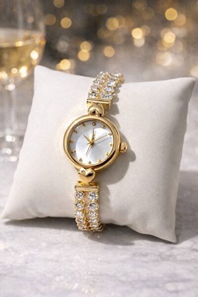 MİNPO Kadın Gold Taşlı Bileklik Kol Saati Kalp Figürlü Elegant Model