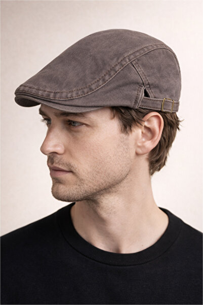 Külah Daily Form Washed Flat Cap – Brown Adjustable Buckle Denim Cap