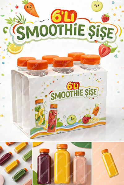 M&B WATER BOTTLE 6'lı Smoothie Boş Meyve Suyu Şişesi - 250 ml Turuncu Kapaklı...