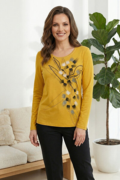 YXL COLLECTION Women's Plus Size Stretch Fabric Crew Neck Printed Long Sleeve...