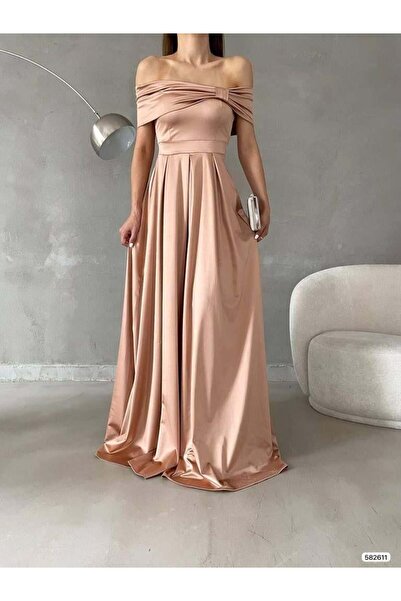 Modafeminen Gold Off-Shoulder Satin Long Evening Dress 582611