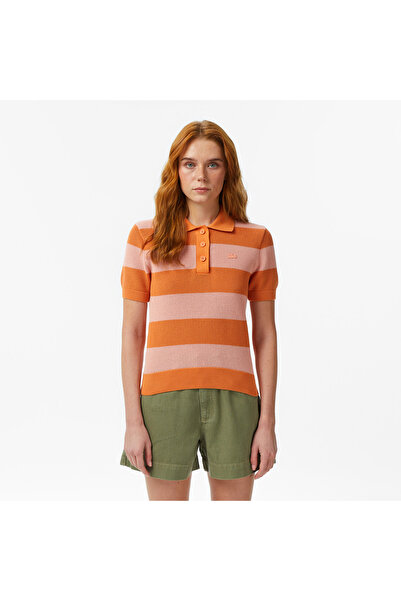 Lacoste Kadın Regular Fit Kısa Kollu Polo Yaka Çizgili Turuncu Bluz