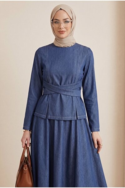 Modamorfo Round neck, crossed waist, lace-up skirt, tencel suit - navy