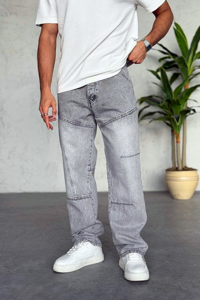 Wonraces Men's Baggy Leg Zipper Detailed Design Jean Jeans with Stitching Detail