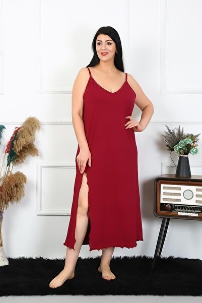 Celira Women's Plus Size Cotton Burgundy Long Nightdress with Rope Strap
