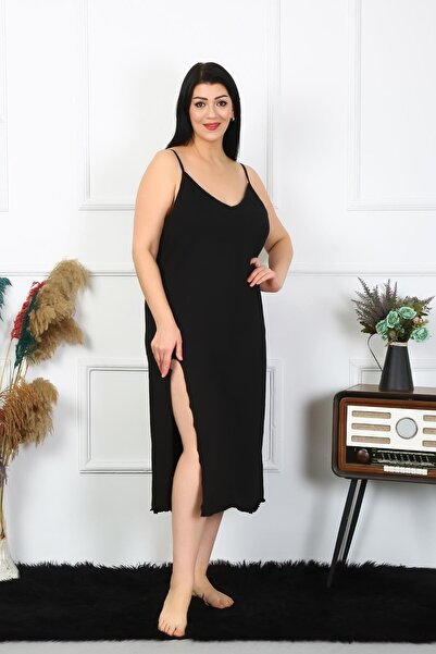 Celira Women's Large Size Rope Strap Cotton Black Long Nightdress
