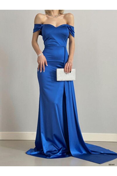 Modafeminen Σατέν υφασμάτινο φόρεμα μάξι με ανοιχτούς ώμους 582441 μπλε κοβαλ...