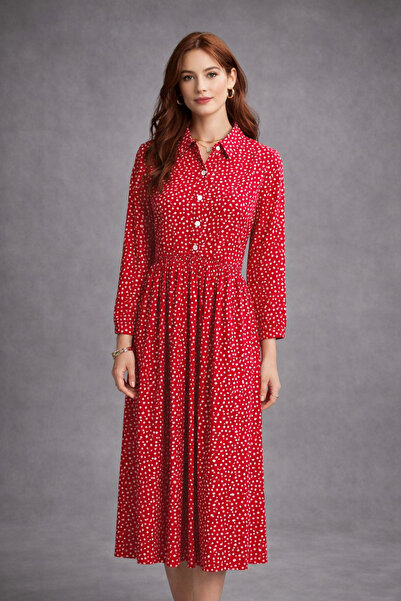 Rich Floral Red Elastic Waist Dress