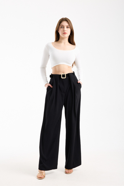 TheyYou Belt Detail Textured and Drapey Business Palazzo Pants High Waist
