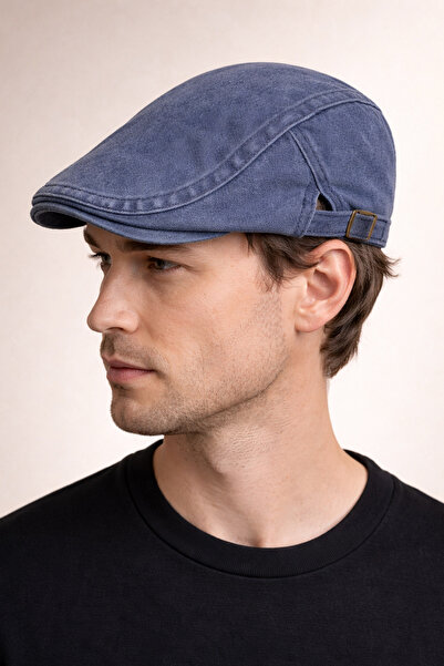 Külah Daily Form Washed Flat Cap – Blue Adjustable Buckle Denim Cap