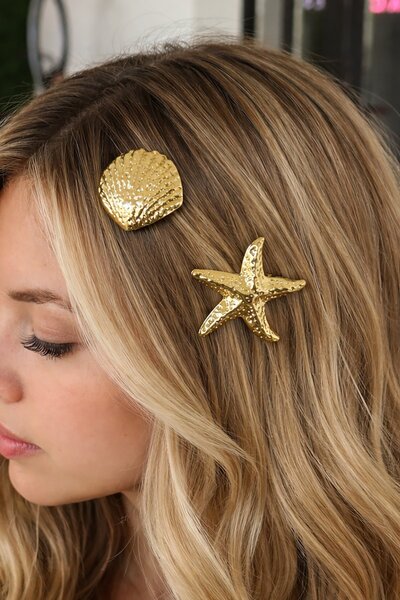 TAKIŞTIR Set de 2 catarame laterale cu stele și scoici de mare de culoare aurie