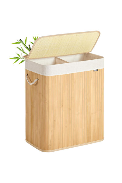 SONGMICS Bamboo Laundry Hamper with 2 Compartments, 100 Litres, 52x32x61 cm, ...
