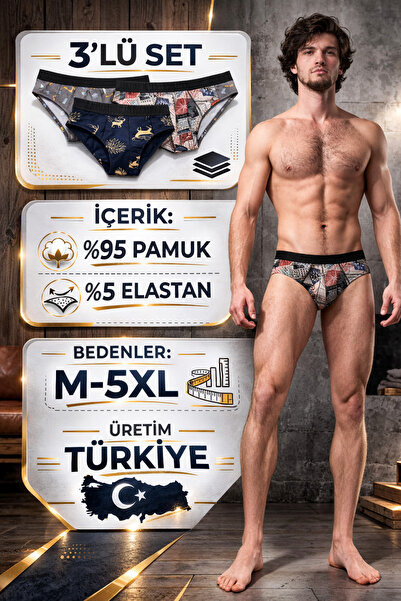 Mercan Men's Slip Underwear Deer-Bottle-Route Patterned 3-Pack