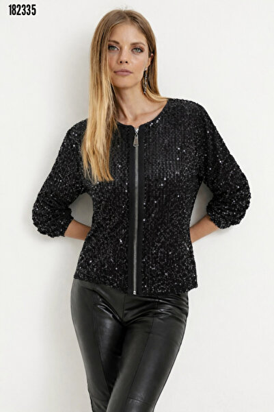 BZ Boutique Uzun Kollu Fermuarlı Pulpayetli Kısa Büyük Beden Siyah Disko Ceke...