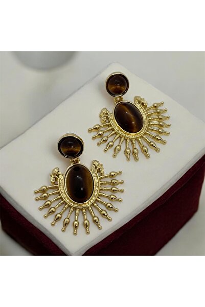 Home Güneş Modeli Kahverengi Taşlı Antik Gold Küpe - Etnik Bohem Tasarım Şık ...