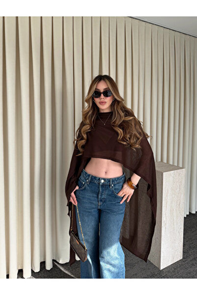 Laluvia Brown Equivalent Design Knitwear Cape Shawl - 5241