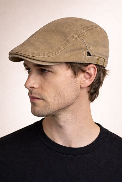 Külah Daily Form Washed Flat Cap – Faded Beige Adjustable Buckle Denim Cap