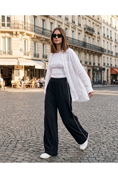 Grenj Fashion Black Piping Detailed Wide Leg Relaxed Fit Knitted Trousers wit...