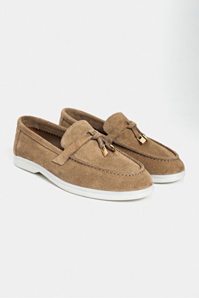 NİŞANTAŞI SHOES Warner Rome Bej Hakiki Süet Deri Metal Aksesuar Detay Düz Taban Kadın Loafer