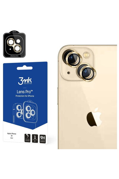 3MK Lens Protection Pro pentru iPhone 14, Margini Aurii, Rezistenta la zgarie...