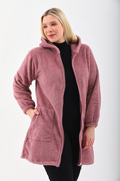 Kardelen Butik Ümraniye Winter Fleece Coat Long Welsoft Dried Rose