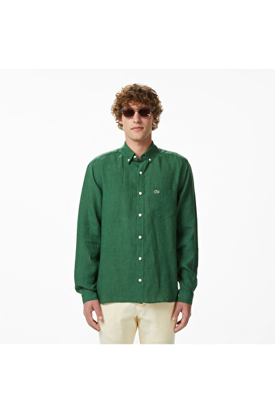 Lacoste Erkek Regular Fit Düğmeli Yaka Keten Koyu Yeşil Gömlek