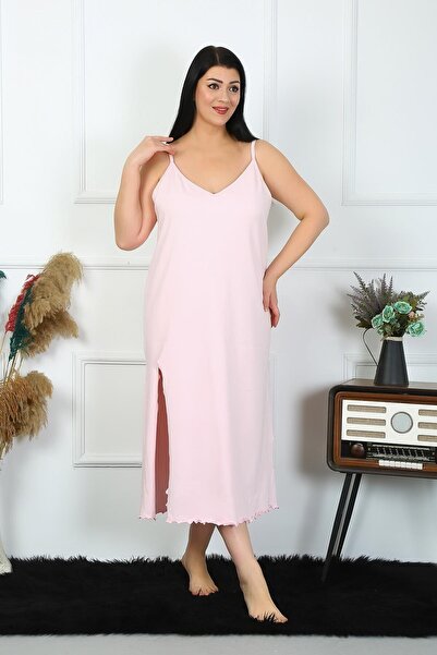 Celira Women's Large Size Rope Strap Cotton Pink Long Nightgown