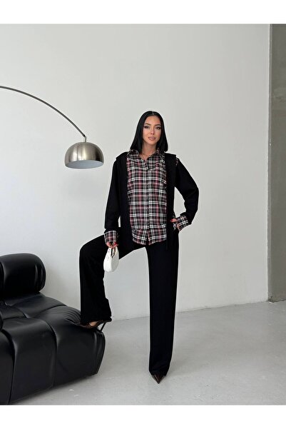 ALVOR Women's Black Shoulder Tie Plaid Shirt and Trousers 2 Piece Set