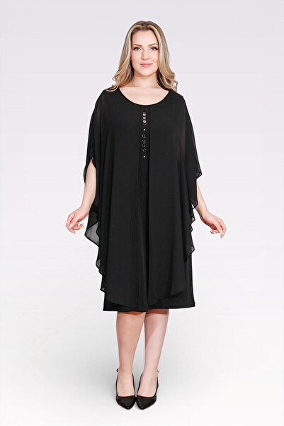 TOLGA SARAÇOĞLU 40177 SİYAH AKSESUAR DETAYLI RAHAT KESİM ABİYE ELBİSE