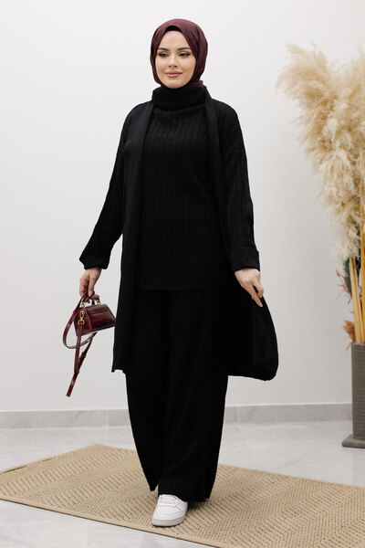 Tesettür Dünyası High-Necked Triple Knitwear Set Tsd260111 Black
