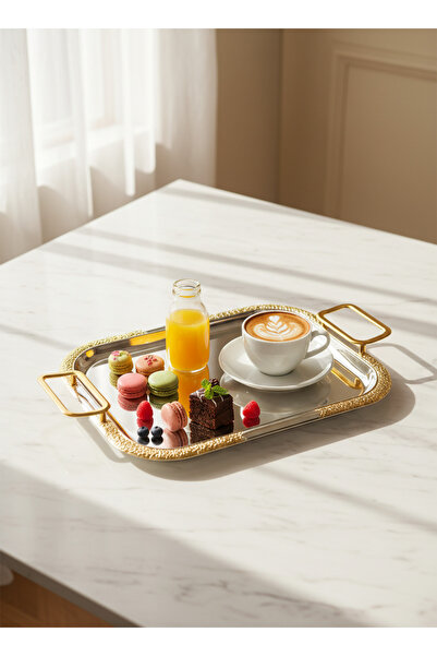 Living Rectangular Serving Tray – 30 * 40 cm, Metal with Elegant Gold Detaili...