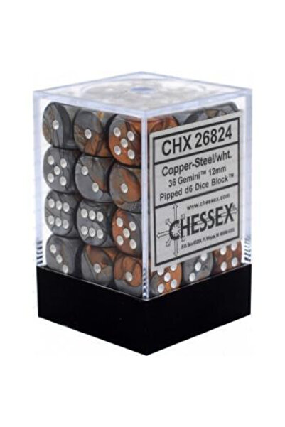 Chessex Zaruri Gemini 12mm d6 cu sâmburi (36 de zaruri) - Cupru-Oțel cu alb