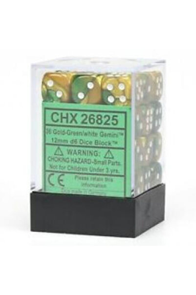 Chessex Zaruri Gemini 12mm d6 cu puncte (36 de zaruri) - Auriu-Verde cu alb