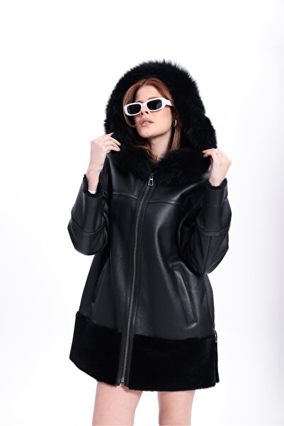 By Marki Marki Kadın Hakiki Deri Kaban, içi Kürklü, 85 cm, Kapüşonlu, Oversiz...