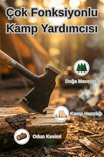 JuneThree Çok Fonksiyonlu Kamp Baltası 27 cm - Yekpare Dövme Çelik Ahşap Saplı Deri Kılıflı Outdoor Balta