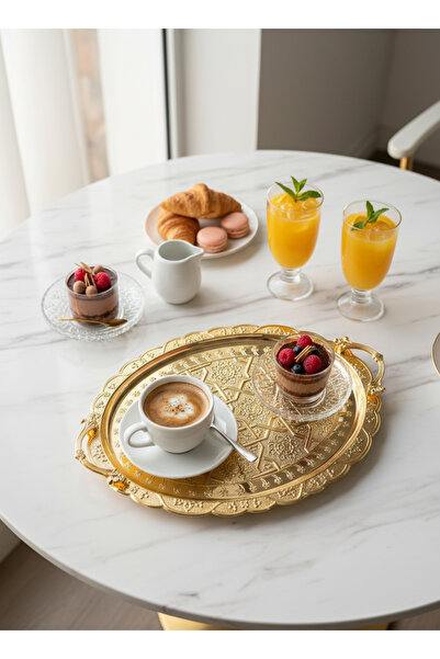 Living Golden Serving Tray with Luxurious Eastern Design and Classic Handles