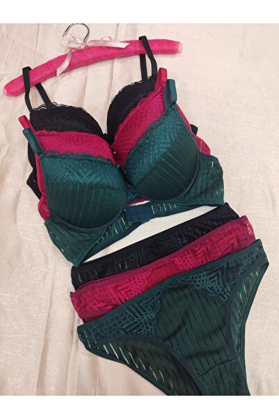 Love Angels Striped Lace Detailed Push-Up Padded Underwear Set-Bra Panty Set