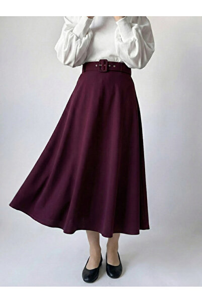 Lunsera Store Belt Piece Flared Skirt-Burgundy