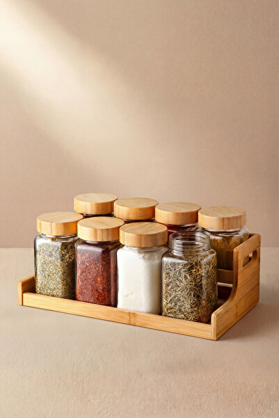GÖNÜL 9 Parça Cam Baharat Takımı, Bambu Standlı & Bambu Kapaklı Baharatlık Seti