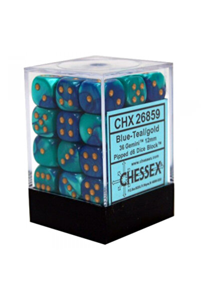 Chessex Zaruri Gemini 12mm d6 cu puncte (36 de zaruri) - Albastru-Teal cu auriu