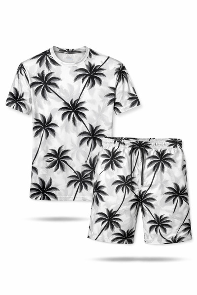 İYİBU Men's White Palm Patterned Swimwear Set Water-Repellent E Stretchy Fabr...